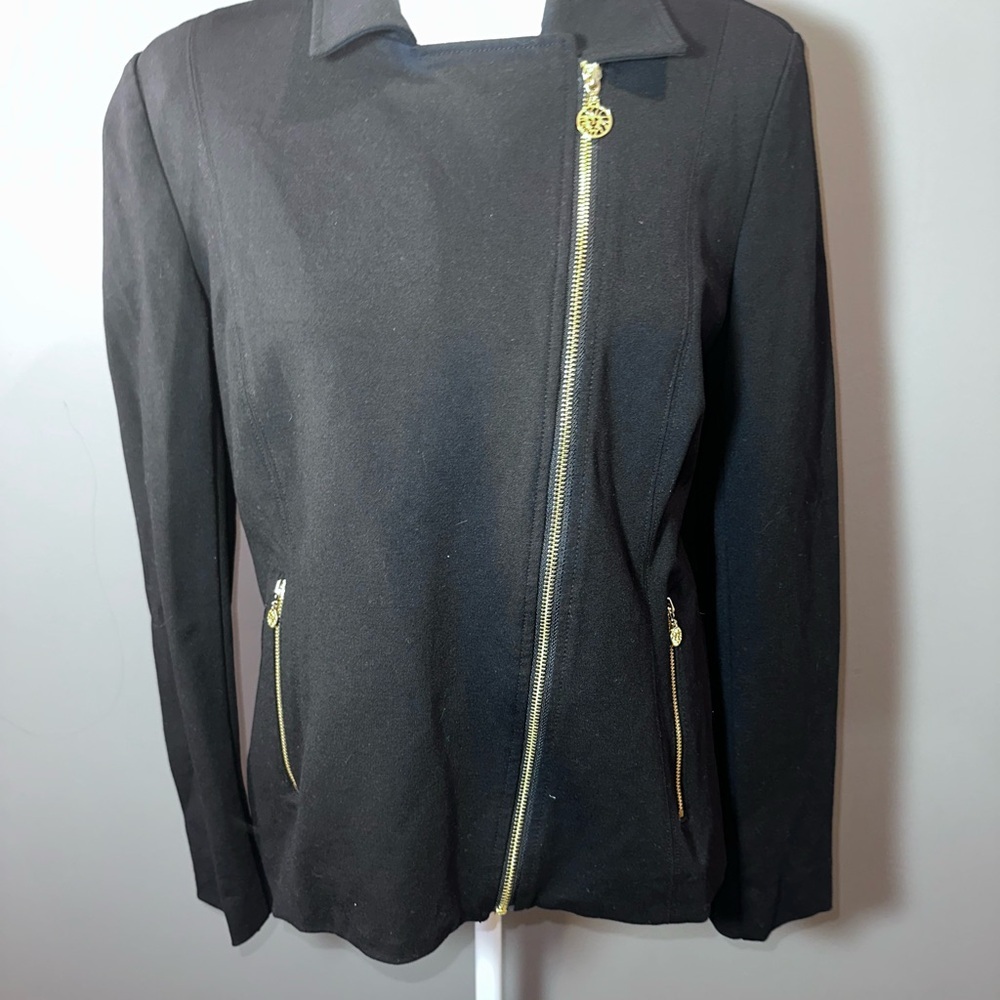 Anne Klein Black Moto Blazer Fitted Jacket with Gold Accents Medium - Picture 5 of 9